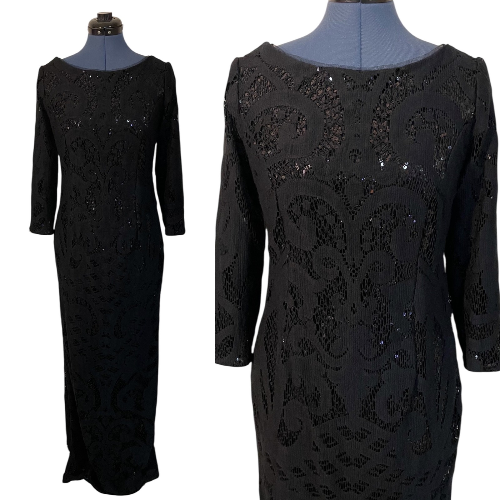 Nwt Adrianna Papell Black Lace Overlay Maxi Dress Gown Holiday Event Luxury 10 M
